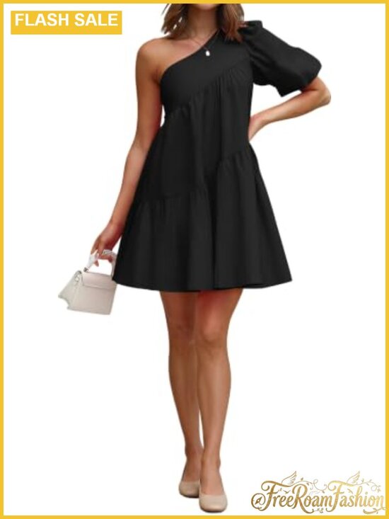 Dresses & Skirts - Womens One Shoulder Puff Sleeve Babydoll Mini Dress Tiered A-Line